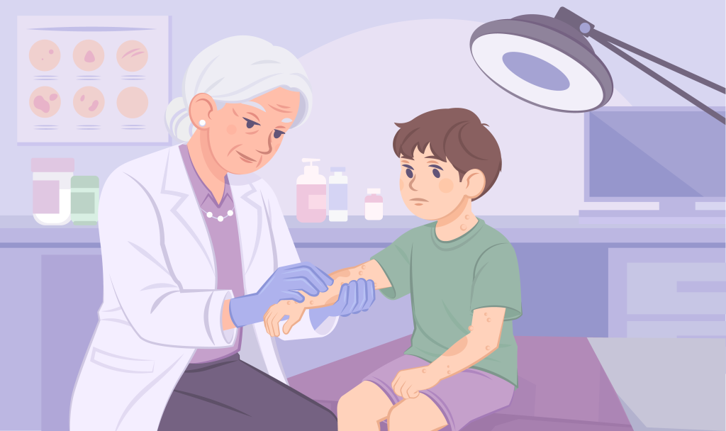 врач осматривает ребенка с нейрофиброматозом с пятнами на коже цвета «кофе с молоком»